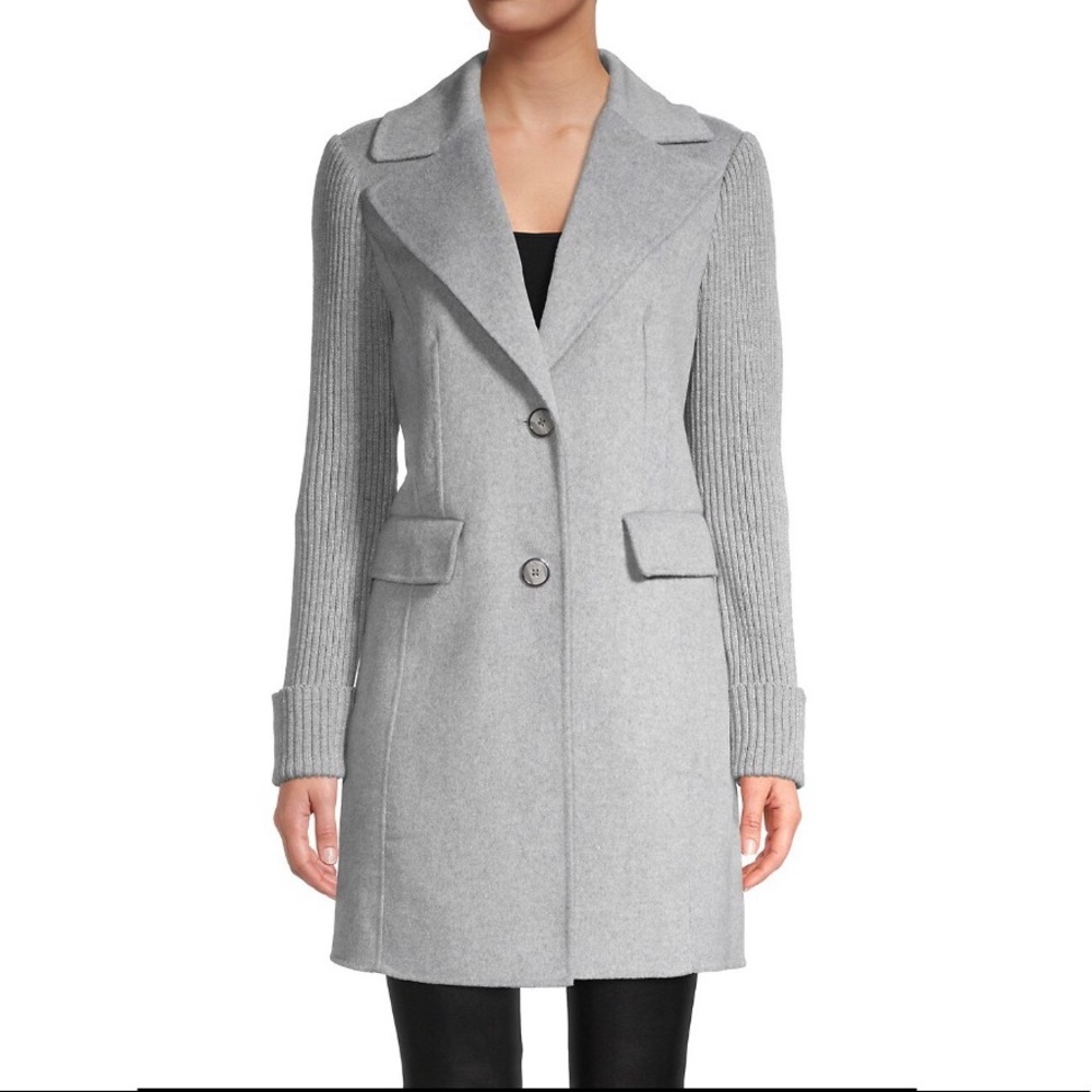 NEW Tahari Anna Knit-Sleeve Wool-Blend Coat